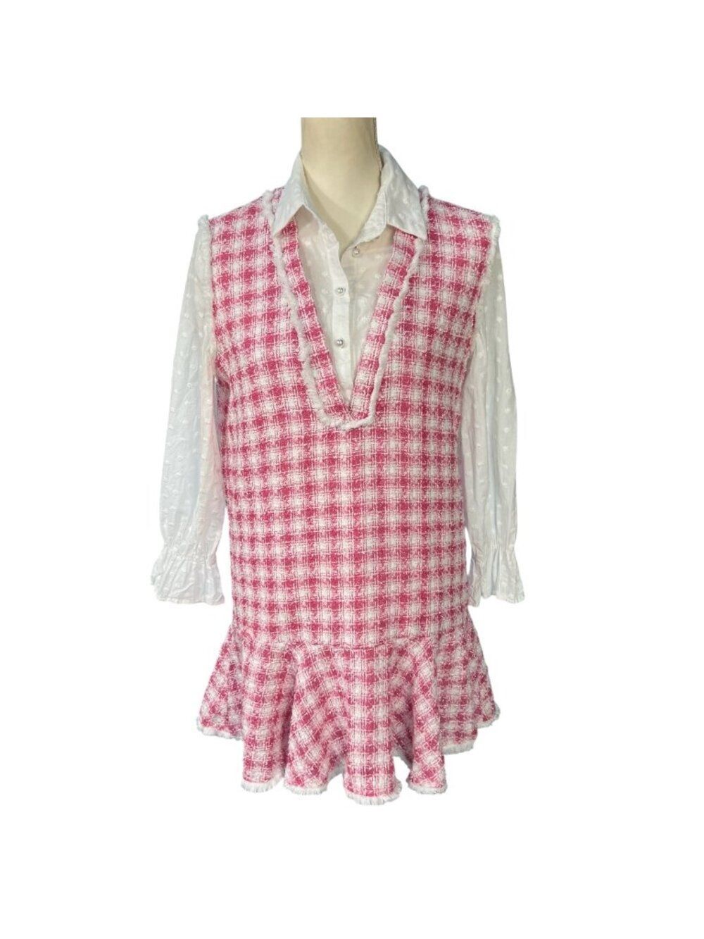 Sister Jane Pink Gingham Tweed Flounce Dress V-Neck Size Small